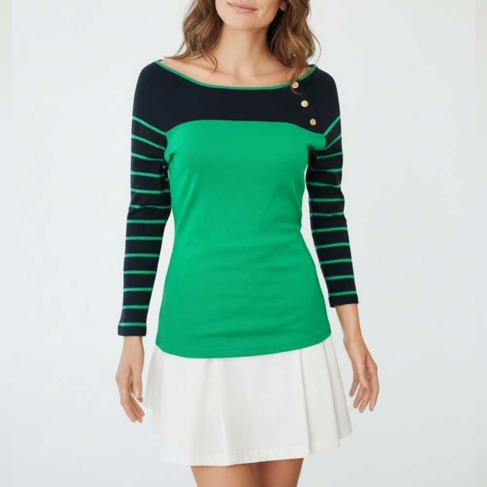 Lauren Ralph Lauren Y2k striped boat Neckline top Colorblock Kelly Green